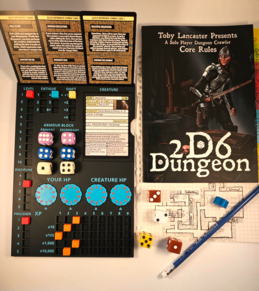 A photo of the 2D6 Dungeon Player Dashboard game set, including the player dashboard, radial counters, and cubes in various colors, alongside a rulebook and dice.
