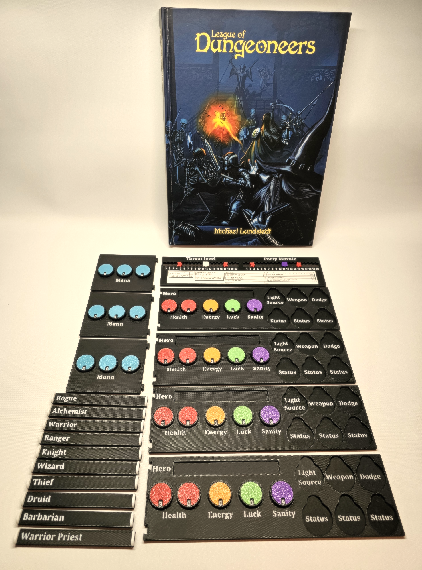 'League of Dungeoneers' character boards, mana boards, and class titles.