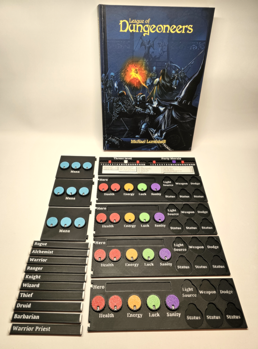 'League of Dungeoneers' character boards, mana boards, and class titles.