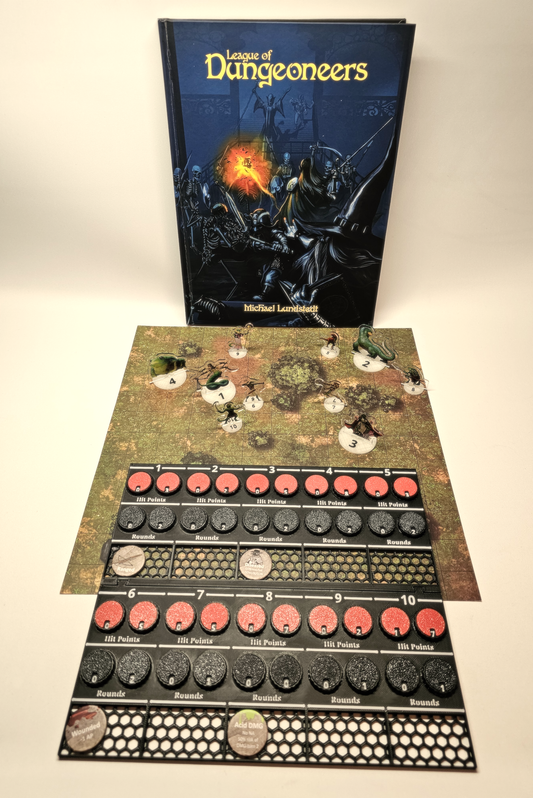 'League of Dungeoneers' enemies trackers with miniature stands.