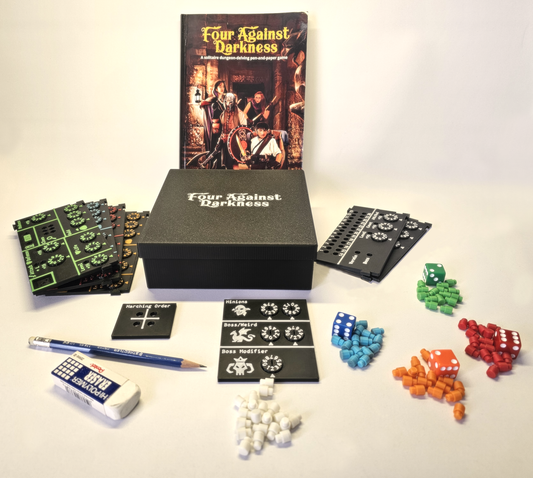 Deluxe 'Four Against Darkness' player dashboards with box, dice, pins, boards, marching order board and battle dashboards.