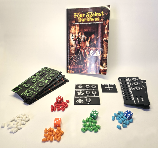 'Four Against Darkness' player dashboards with dice, pins, boards, marching order board and battle dashboards.